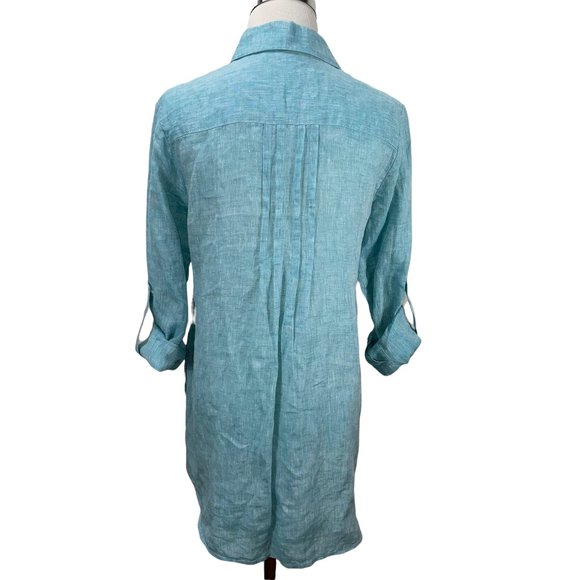 Lafayette 148 Linen Henley Oversized Long Teal White Top Tunic Button Down - Picture 10 of 12